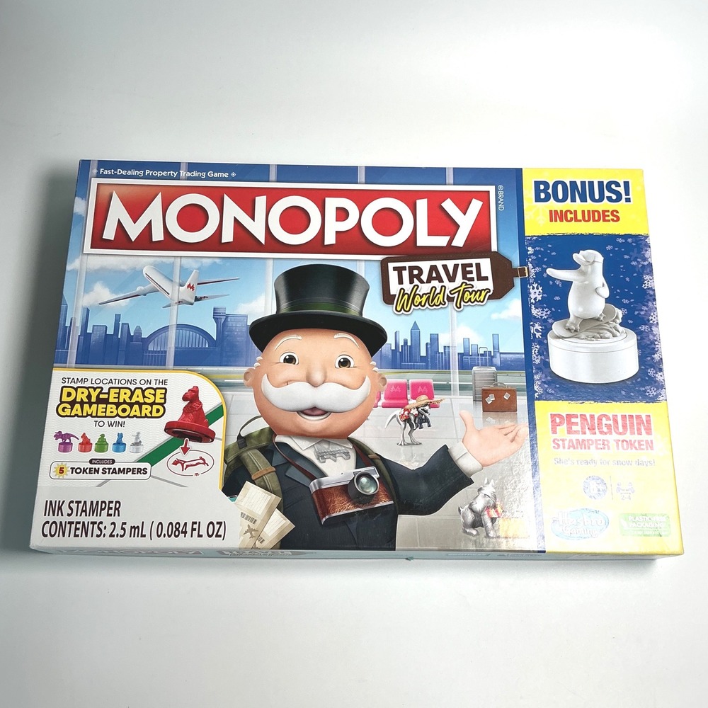 Monopoly Travel World Tour Board Game Hasbro COMPLETE Bonus Penguin Stamper 2022